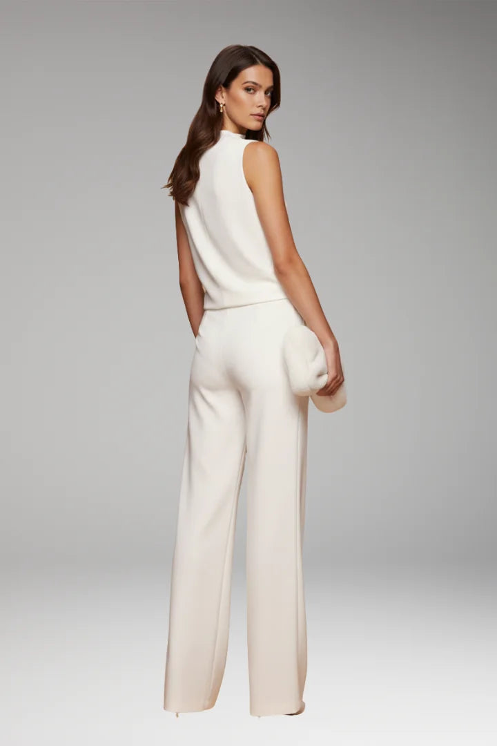 White Women's Sleeveless Wide-Leg Jumpsuits — Mila Draped Mock-Neck Evening - Back Full View