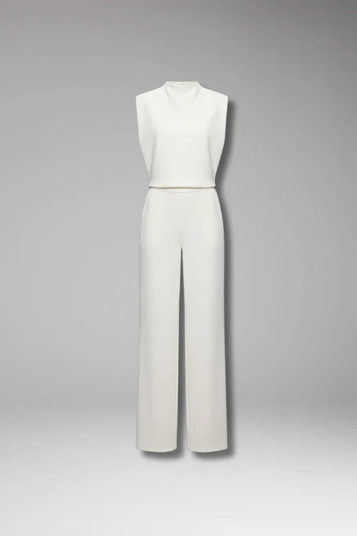 White Women's Sleeveless Wide-Leg Jumpsuits — Mila Draped Mock-Neck Evening - Front Full Ghost