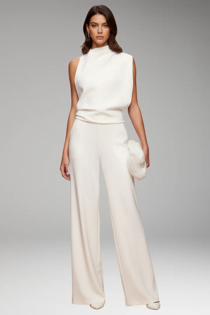 White Women's Sleeveless Wide-Leg Jumpsuits — Mila Draped Mock-Neck Evening - Front Model Pose