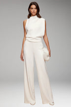 White Women's Sleeveless Wide-Leg Jumpsuits — Mila Draped Mock-Neck Evening - Front Model Pose