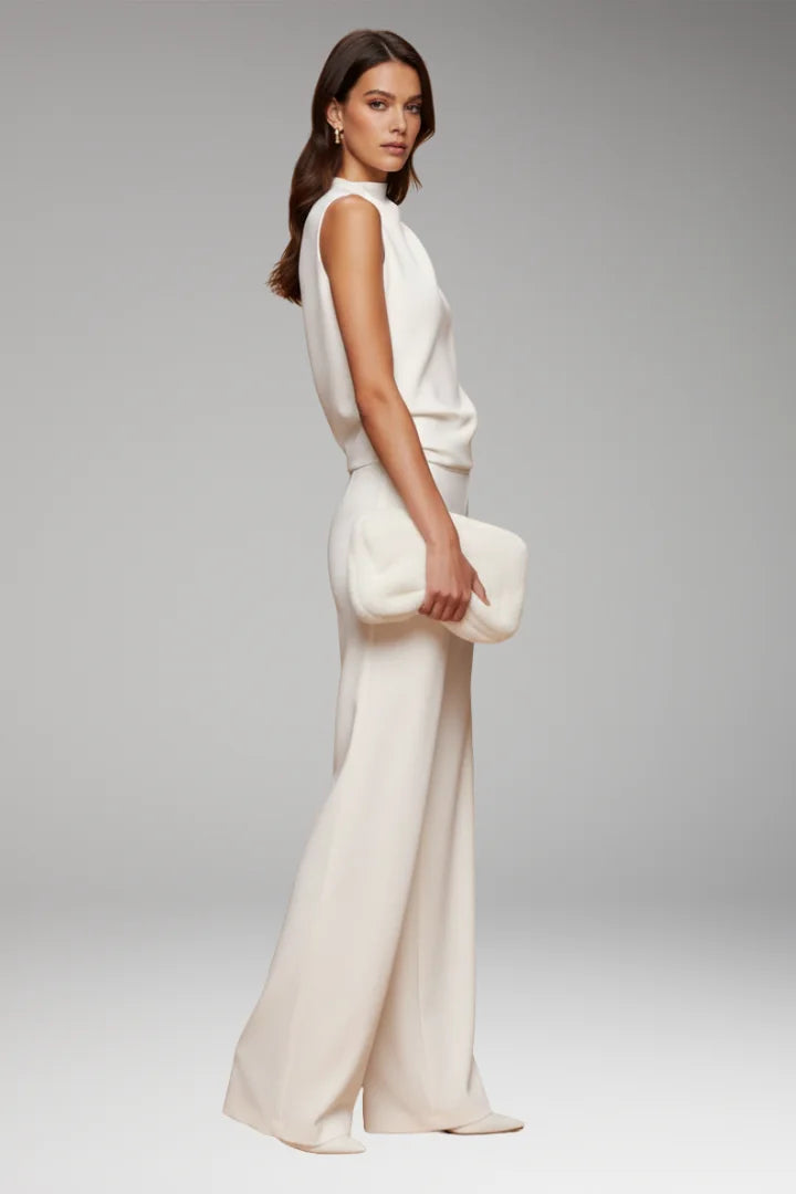 White Women's Sleeveless Wide-Leg Jumpsuits — Mila Draped Mock-Neck Evening - Side Profile Pose