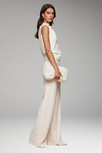 White Women's Sleeveless Wide-Leg Jumpsuits — Mila Draped Mock-Neck Evening - Side Profile Pose