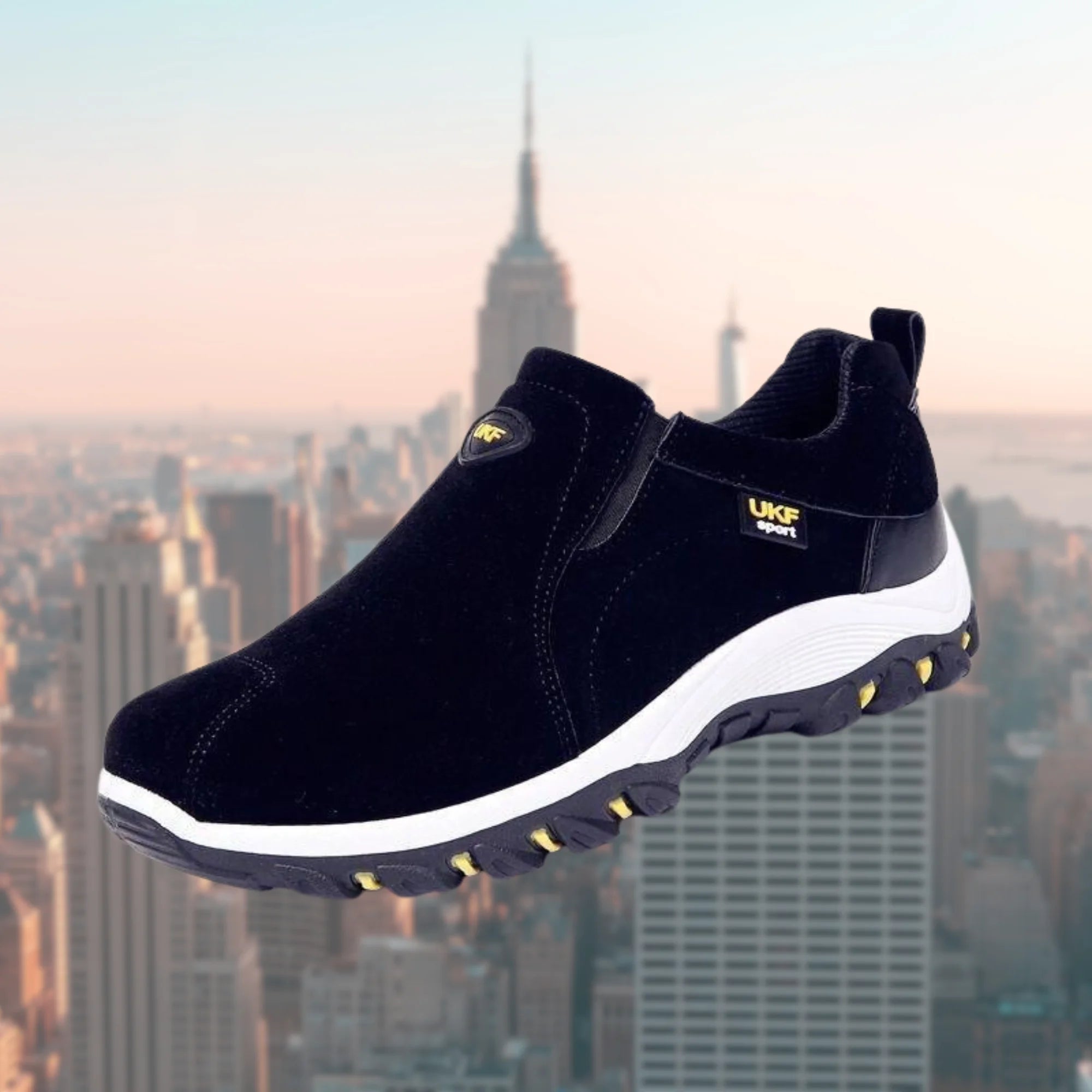 Black Men's Slip-On Walking Shoes — Emmett Suede Cushioned Non-Slip Sole - Side Profile