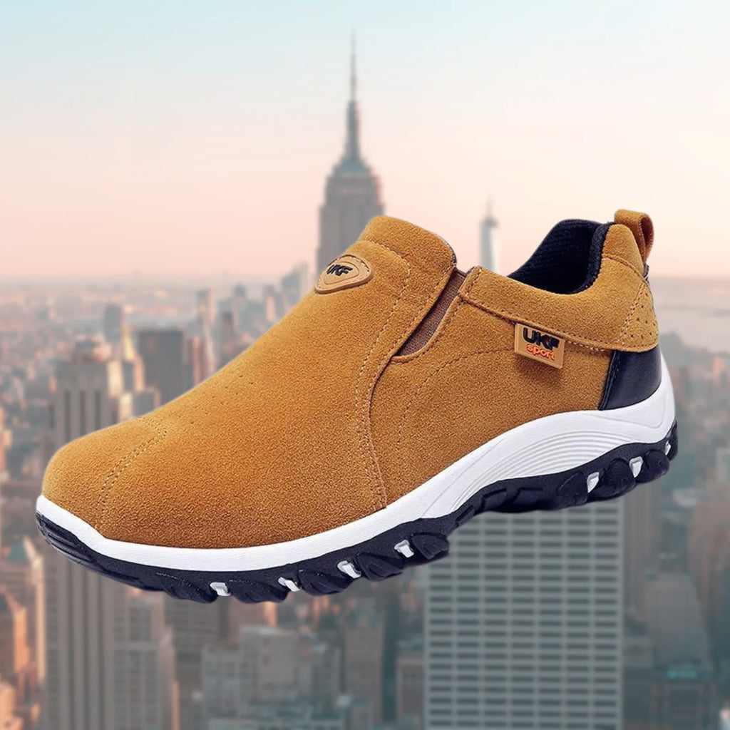 Brown Men's Slip-On Walking Shoes — Emmett Suede Cushioned Non-Slip Sole - Front Side View