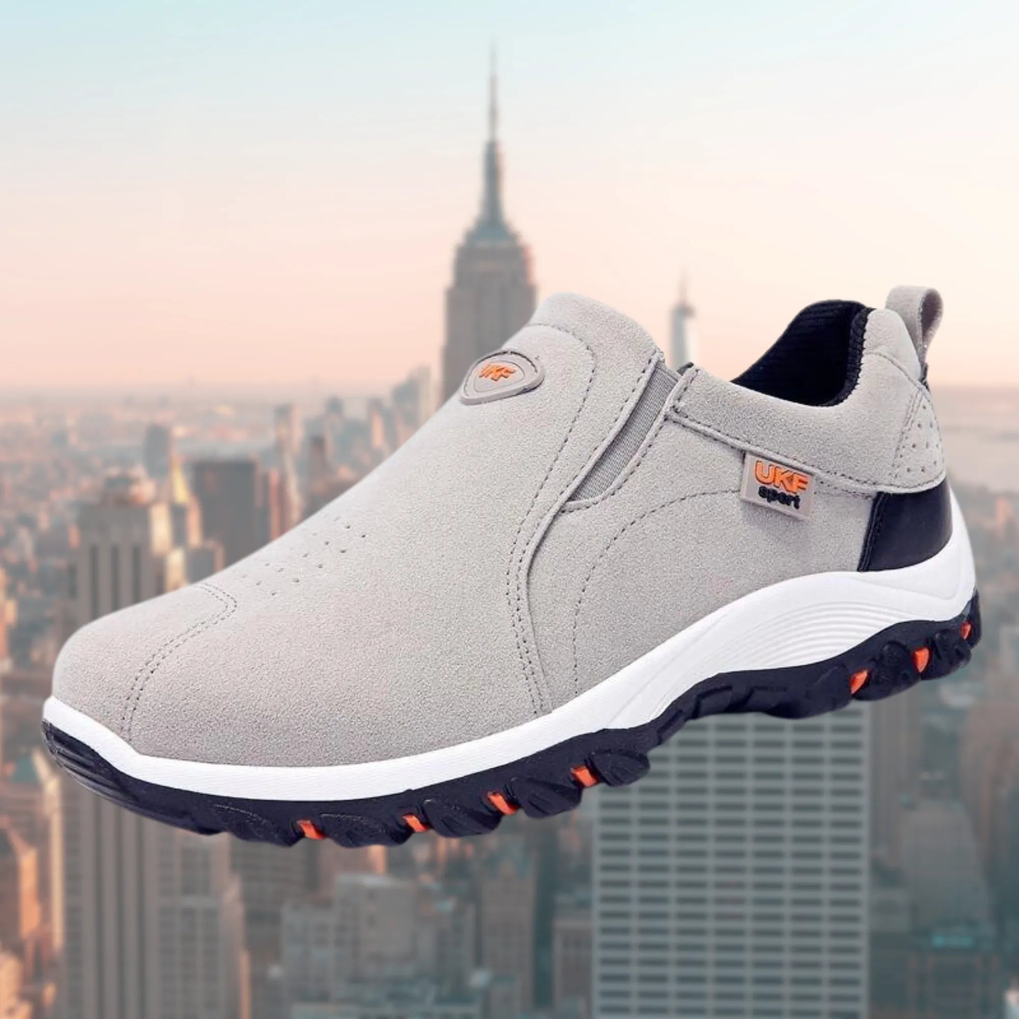 Gray Men's Slip-On Walking Shoes — Emmett Suede Cushioned Non-Slip Sole - Angled Side View