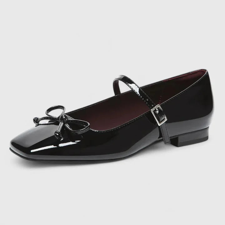Black Women's Square Toe Ballet Flats — Giselle Buckle Mary Bow - Angled Close