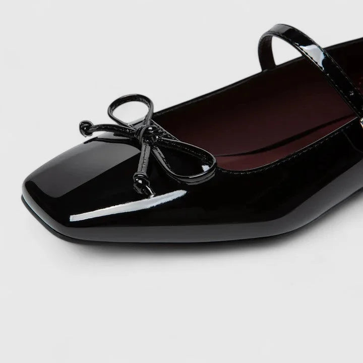 Black Women's Square Toe Ballet Flats — Giselle Buckle Mary Bow - Bow Detail Closeup