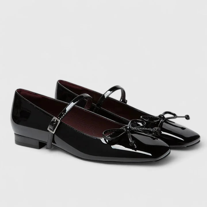 Black Women's Square Toe Ballet Flats — Giselle Buckle Mary Bow - Pair Front View