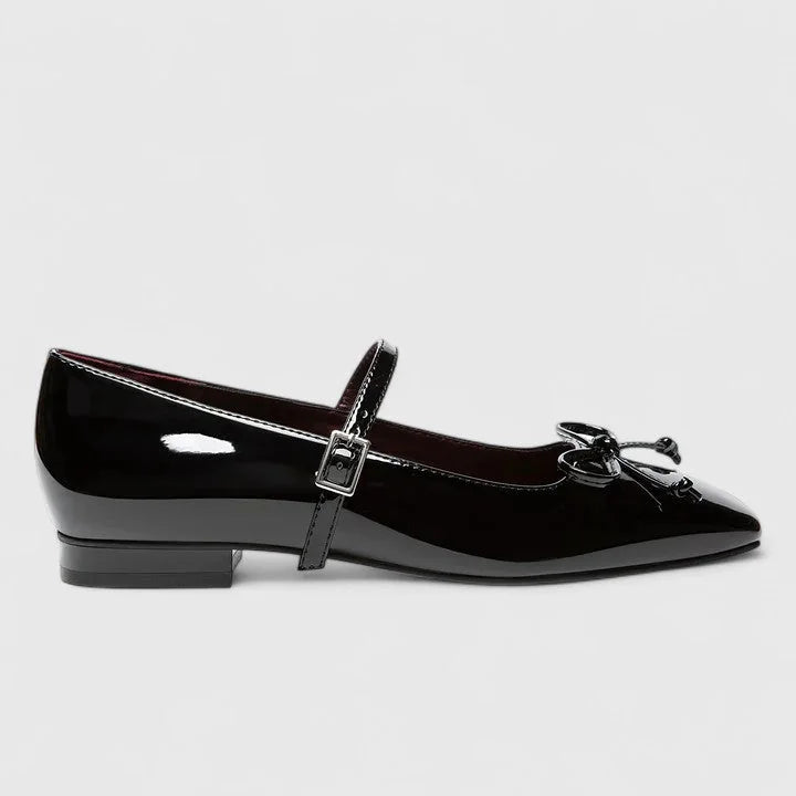 Black Women's Square Toe Ballet Flats — Giselle Buckle Mary Bow - Side Profile