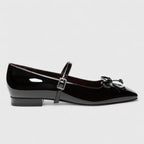 Black Women's Square Toe Ballet Flats — Giselle Buckle Mary Bow - Side Profile
