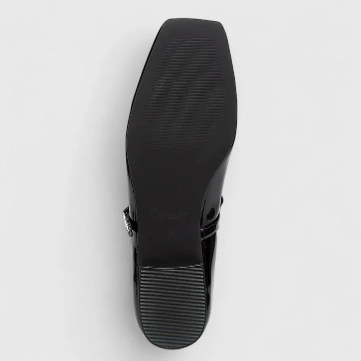 Black Women's Square Toe Ballet Flats — Giselle Buckle Mary Bow - Sole View