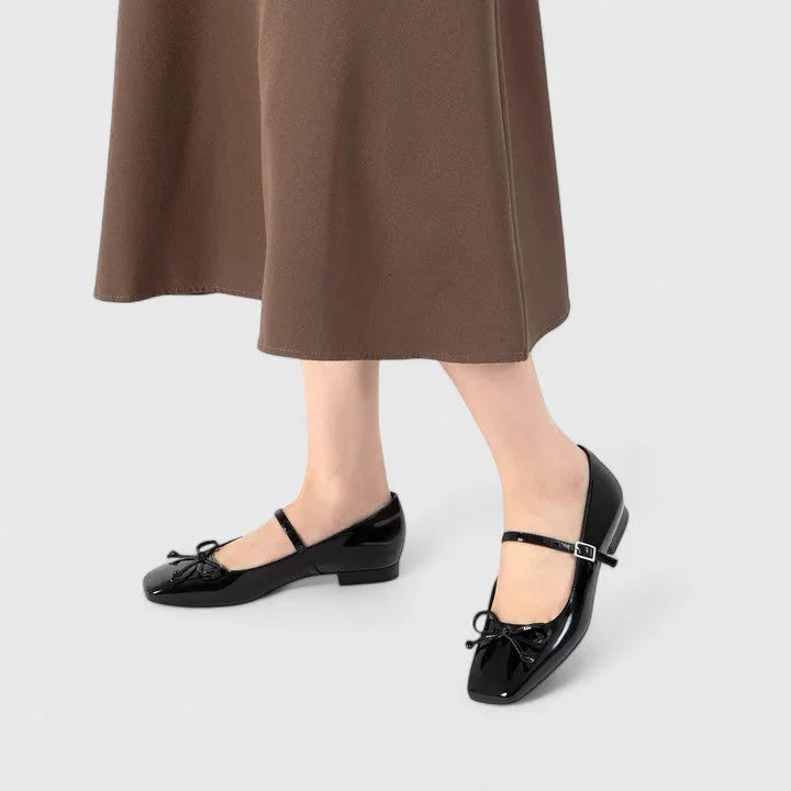 Black Women's Square Toe Ballet Flats — Giselle Buckle Mary Bow - Worn Lifestyle