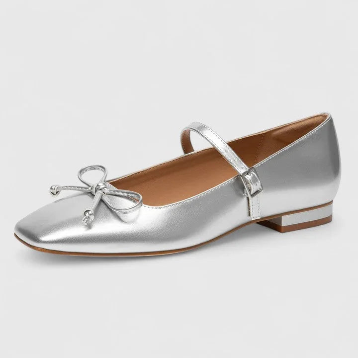 Silver Women's Square Toe Ballet Flats — Giselle Buckle Mary Bow - Front Three Quarter