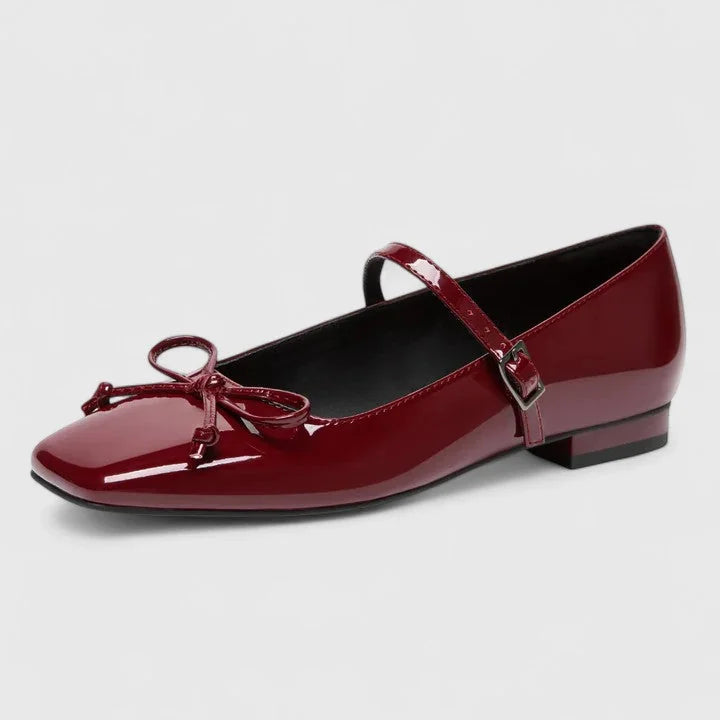 Wine Women's Square Toe Ballet Flats — Giselle Buckle Mary Bow - Side Angle