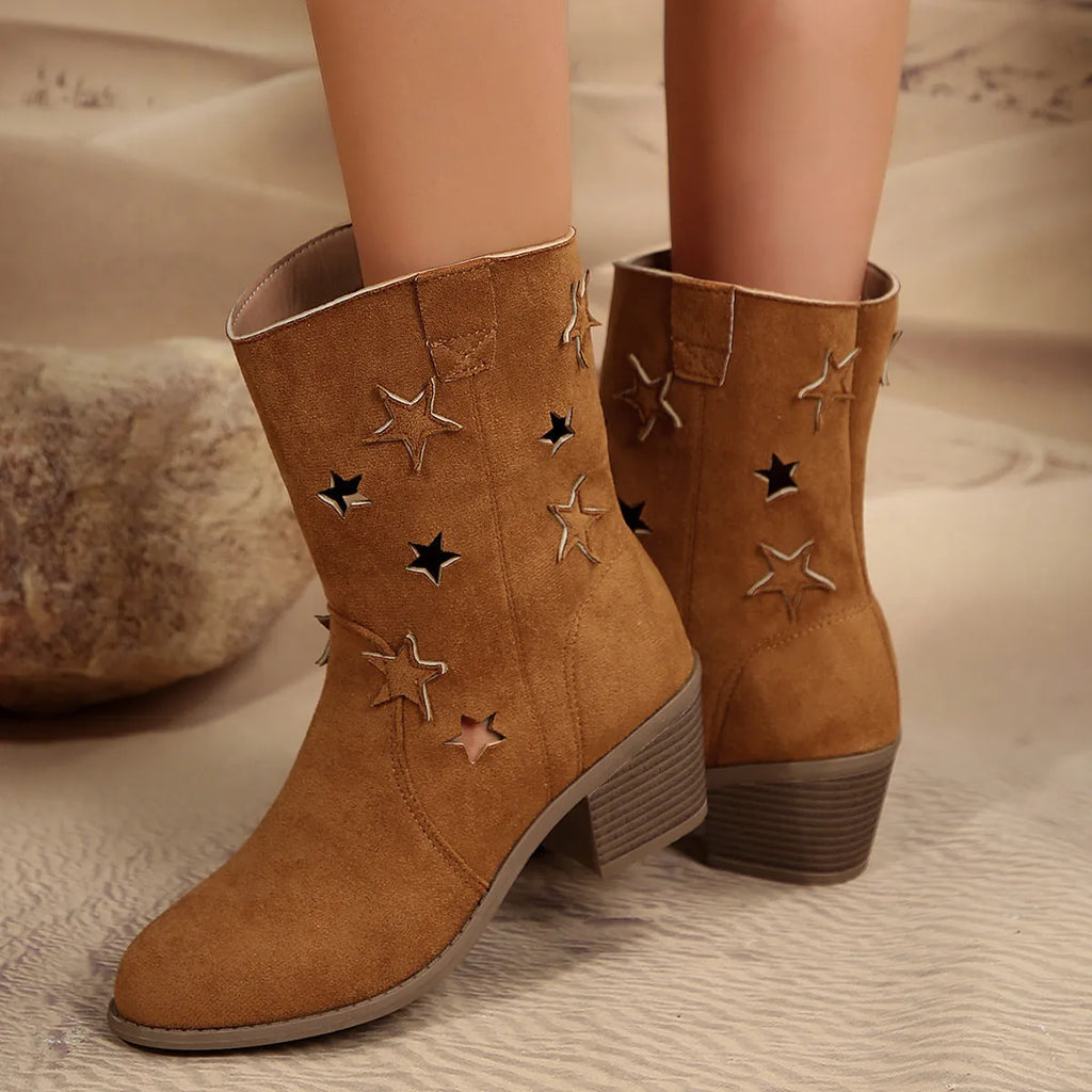 Brown Women's Star Cutout Western Boots — Kennedy Suede Embroidered Block Heel - Back Detail