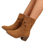Brown Women's Star Cutout Western Boots — Kennedy Suede Embroidered Block Heel - Front Close Up