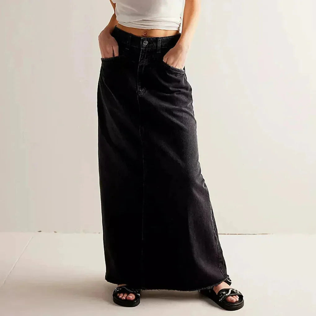 Black Women's Straight Denim Maxi Skirt — Matilda Raw-Hem High-Waisted Five-Pocket - Front Pockets