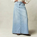 Blue Women's Straight Denim Maxi Skirt — Matilda Raw-Hem High-Waisted Five-Pocket - Front Full
