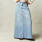 Blue Women's Straight Denim Maxi Skirt — Matilda Raw-Hem High-Waisted Five-Pocket - Front Full
