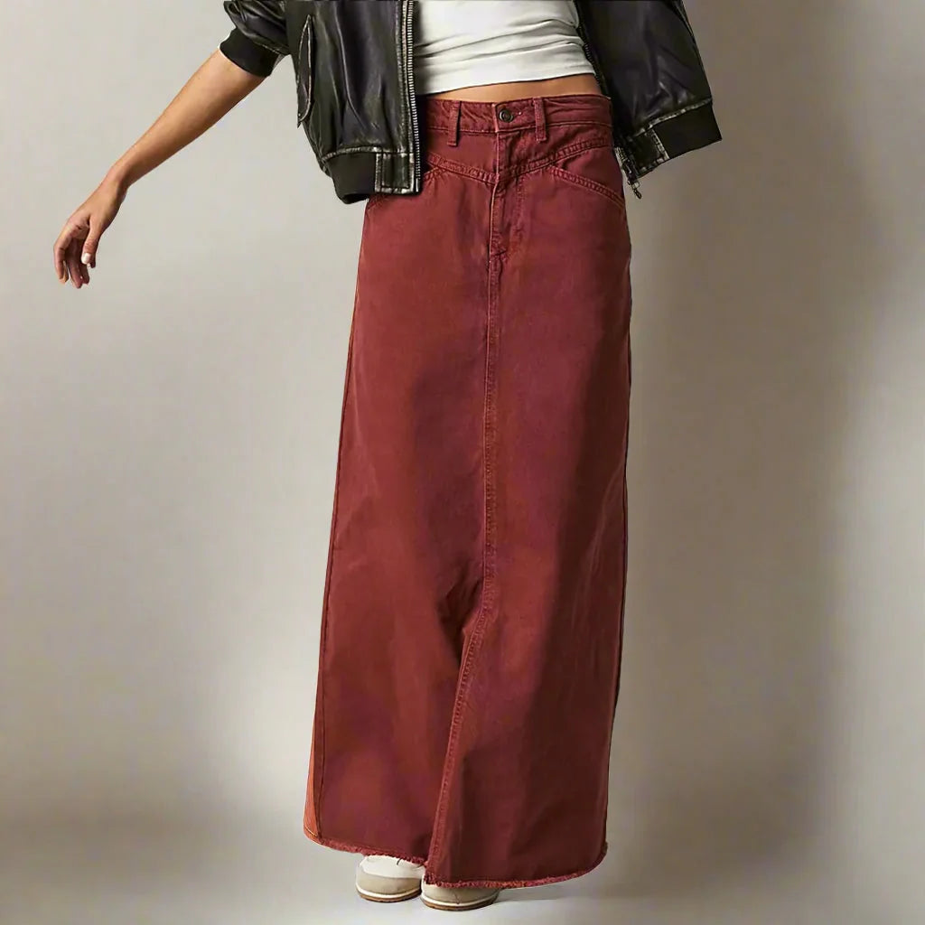 Red Women's Straight Denim Maxi Skirt — Matilda Raw-Hem High-Waisted Five-Pocket - Side Pose