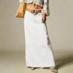 White Women's Straight Denim Maxi Skirt — Matilda Raw-Hem High-Waisted Five-Pocket - Front Belt Detail