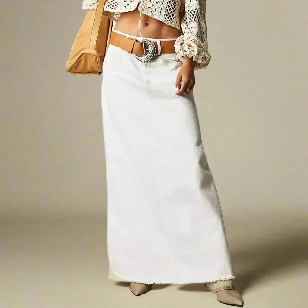 White Women's Straight Denim Maxi Skirt — Matilda Raw-Hem High-Waisted Five-Pocket - Front Belt Detail