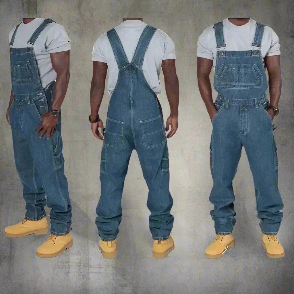 Blue Men's Straight Leg Denim Overalls — Bennett Relaxed Fit Utility Pockets - Multi View Collage