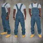 Blue Men's Straight Leg Denim Overalls — Bennett Relaxed Fit Utility Pockets - Multi View Collage