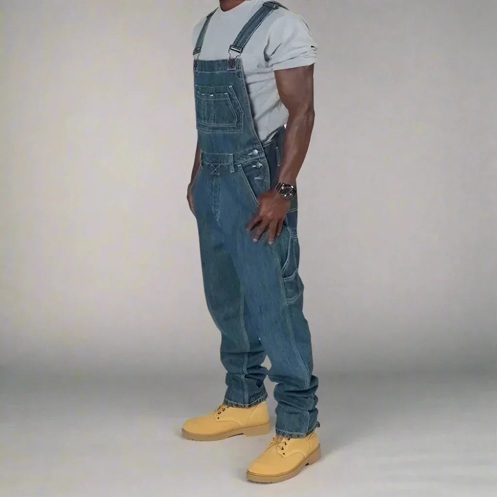 Blue Men's Straight Leg Denim Overalls — Bennett Relaxed Fit Utility Pockets - Side Full