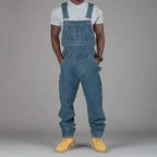 Navy Men's Straight Leg Denim Overalls — Bennett Relaxed Fit Utility Pockets - Front Full