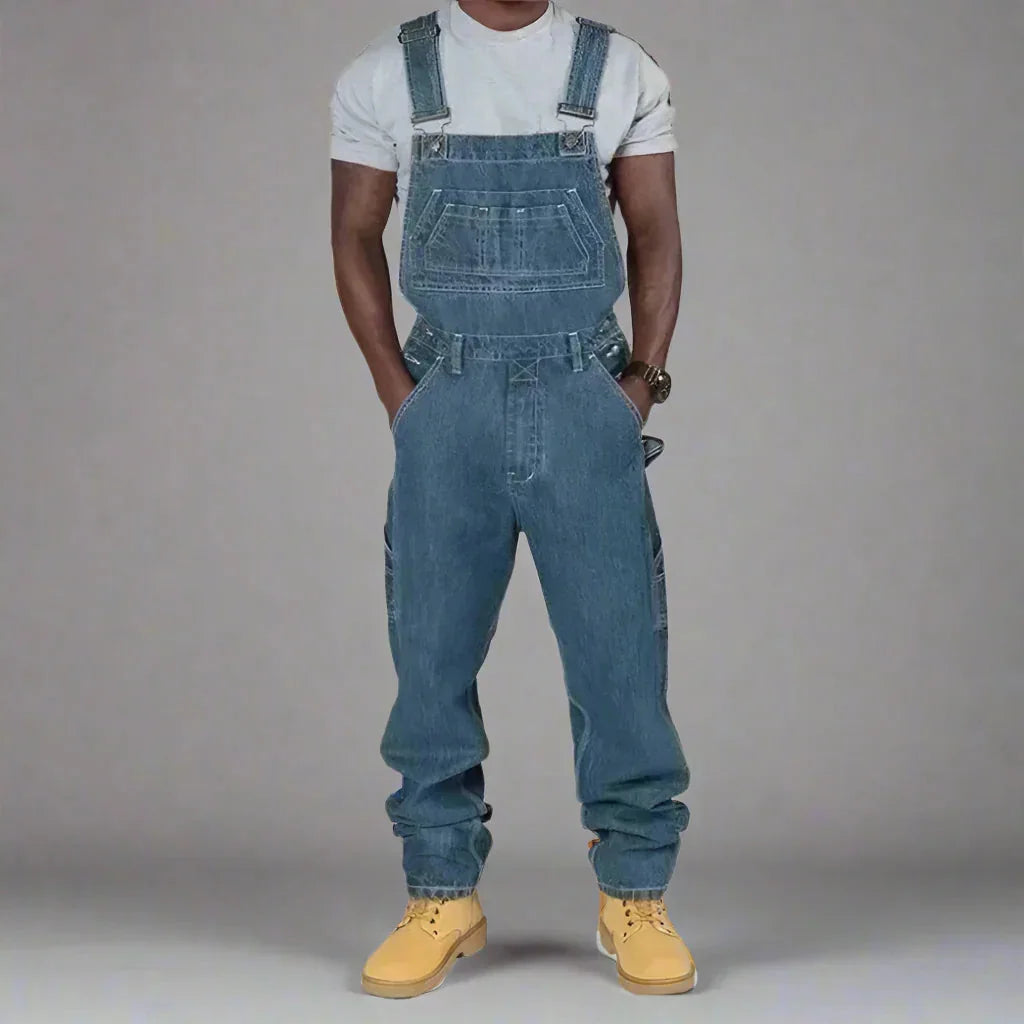 Navy Men's Straight Leg Denim Overalls — Bennett Relaxed Fit Utility Pockets - Front Full