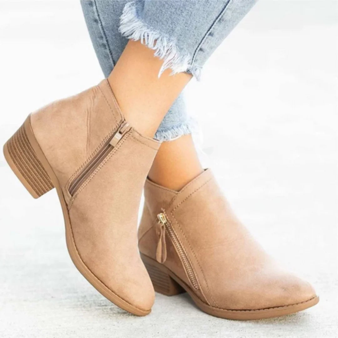 Beige Women's Pointed Toe Ankle Boots — Mia Suede Zip-Up Block Heel - Side View Worn