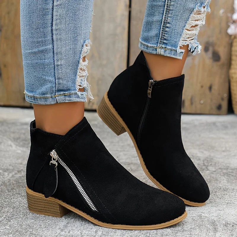Black Women's Pointed Toe Ankle Boots — Mia Suede Zip-Up Block Heel - Front Angle Worn