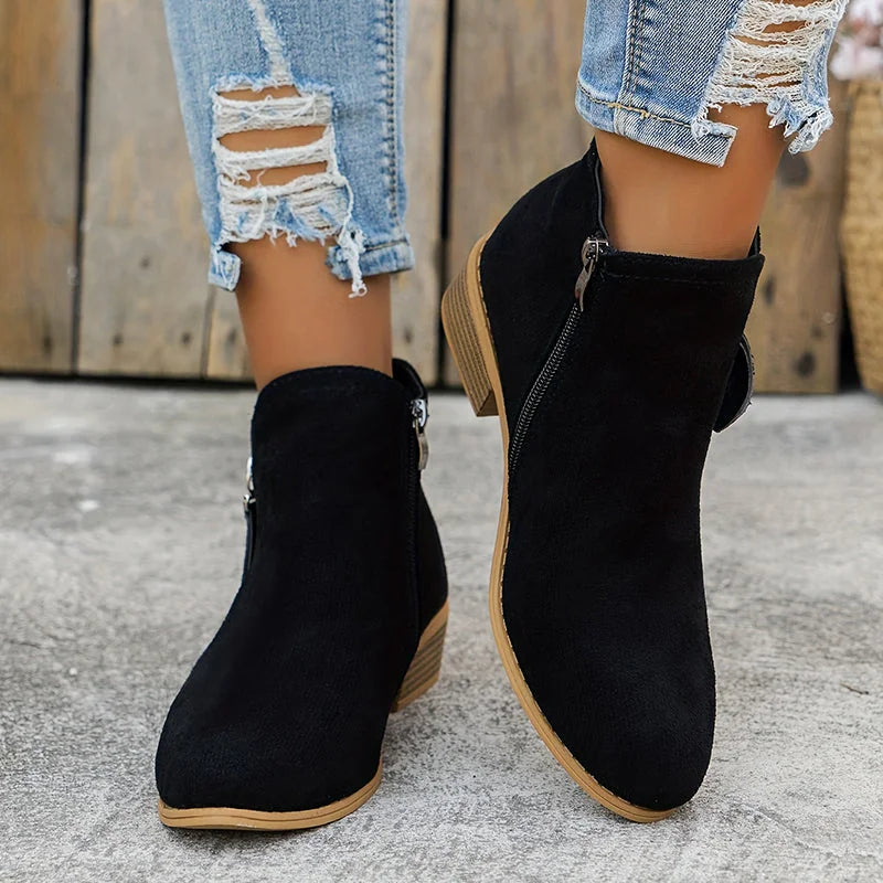 Black Women's Pointed Toe Ankle Boots — Mia Suede Zip-Up Block Heel - Front Walking Closeup