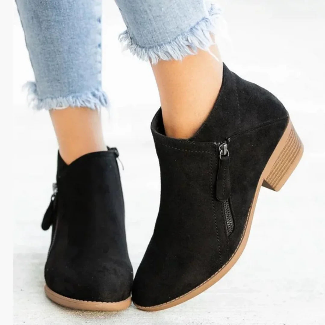 Black Women's Pointed Toe Ankle Boots — Mia Suede Zip-Up Block Heel - Leg Up Closeup