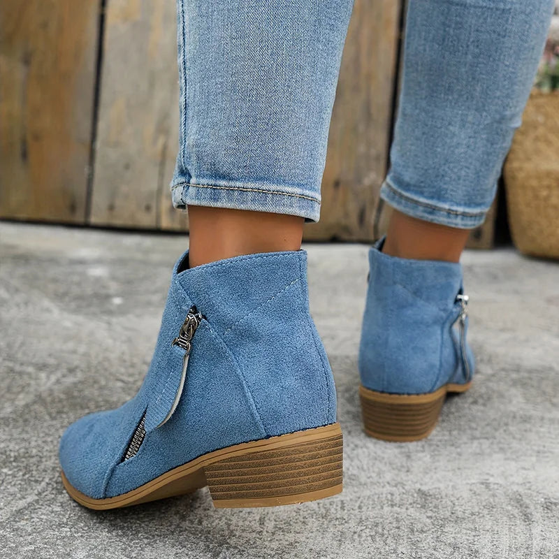 Blue Women's Pointed Toe Ankle Boots — Mia Suede Zip-Up Block Heel - Back View Worn