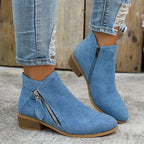 Blue Women's Pointed Toe Ankle Boots — Mia Suede Zip-Up Block Heel - Front Pose Worn