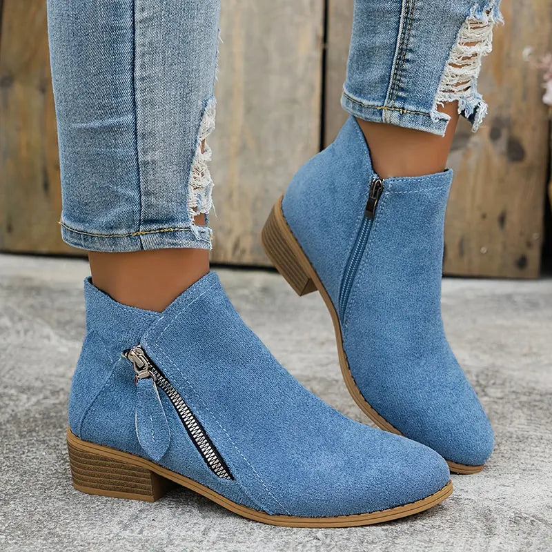 Blue Women's Pointed Toe Ankle Boots — Mia Suede Zip-Up Block Heel - Front Pose Worn
