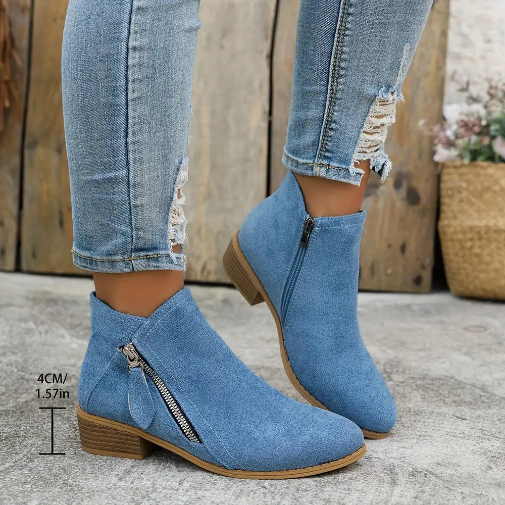 Blue Women's Pointed Toe Ankle Boots — Mia Suede Zip-Up Block Heel - Heel Measurement Detail
