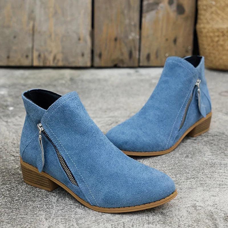 Blue Women's Pointed Toe Ankle Boots — Mia Suede Zip-Up Block Heel - Product Pair Standing