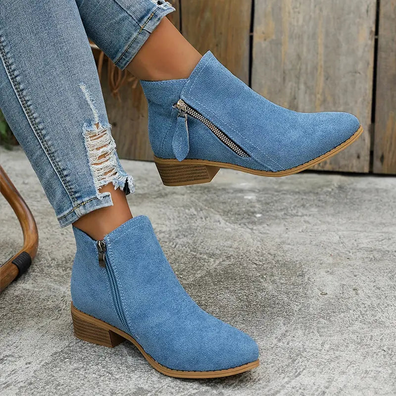 Blue Women's Pointed Toe Ankle Boots — Mia Suede Zip-Up Block Heel - Seated Cross Leg