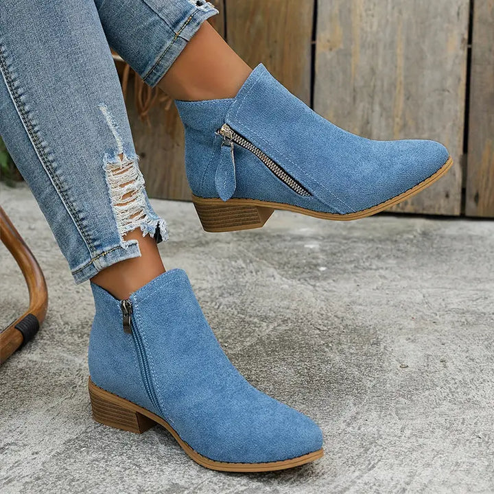 Blue Women's Pointed Toe Ankle Boots — Mia Suede Zip-Up Block Heel - Seated Cross Leg