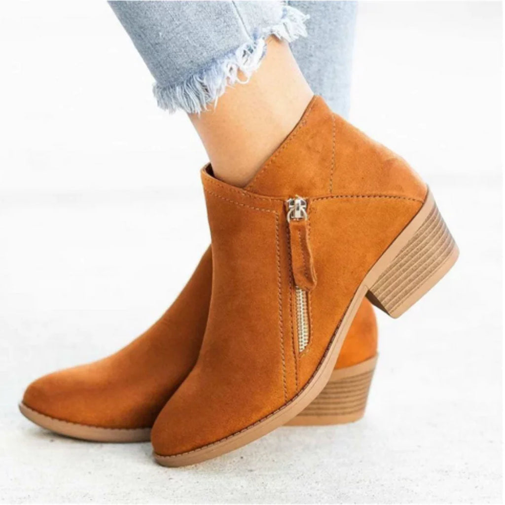Brown Women's Pointed Toe Ankle Boots — Mia Suede Zip-Up Block Heel - Side Closeup Worn