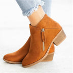 Brown Women's Pointed Toe Ankle Boots — Mia Suede Zip-Up Block Heel - Side Closeup Worn