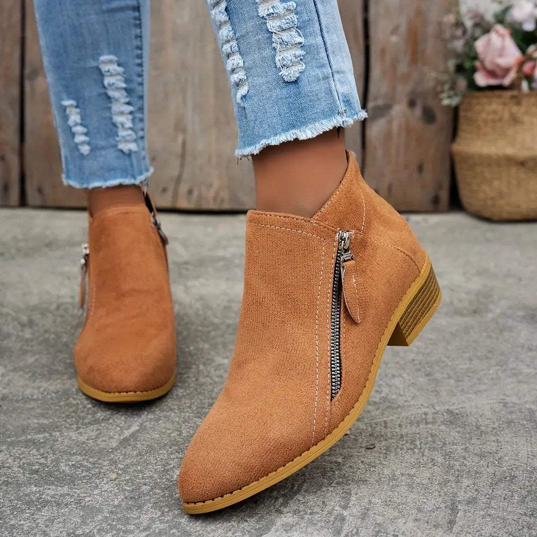 Brown Women's Pointed Toe Ankle Boots — Mia Suede Zip-Up Block Heel - Walking Front View