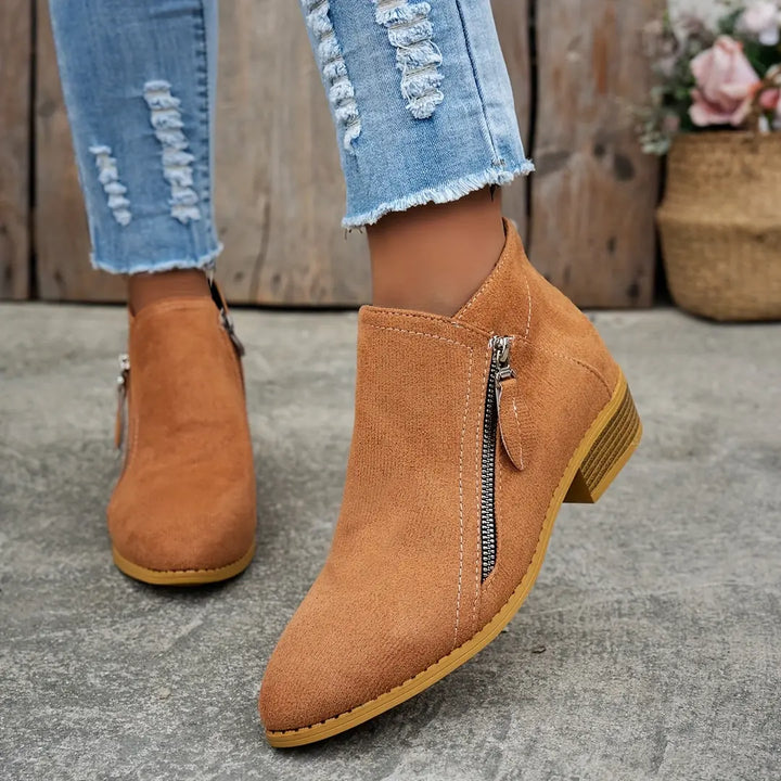 Brown Women's Pointed Toe Ankle Boots — Mia Suede Zip-Up Block Heel - Walking Front View
