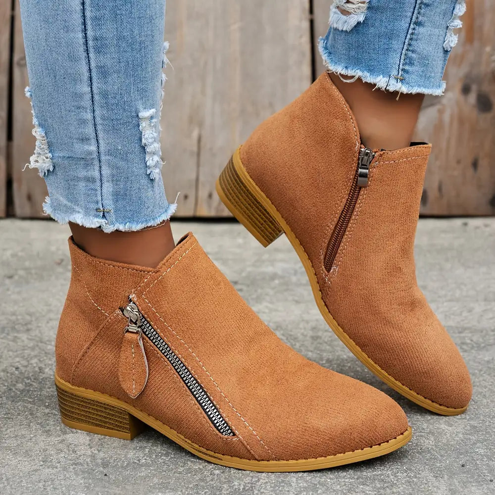 Brown Women's Pointed Toe Ankle Boots — Mia Suede Zip-Up Block Heel - Walking Pose