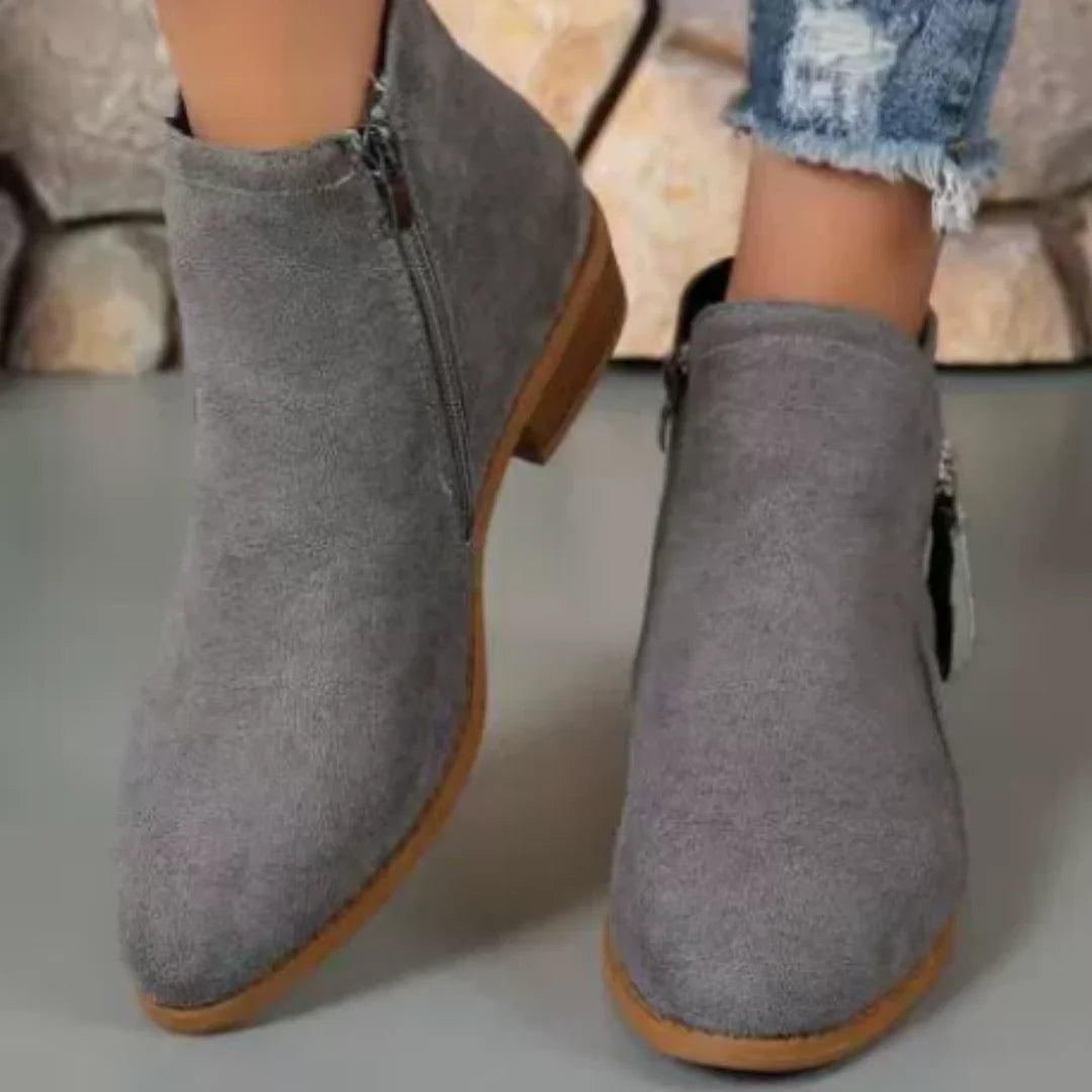 Gray Women's Pointed Toe Ankle Boots — Mia Suede Zip-Up Block Heel - Closeup Pair Detail