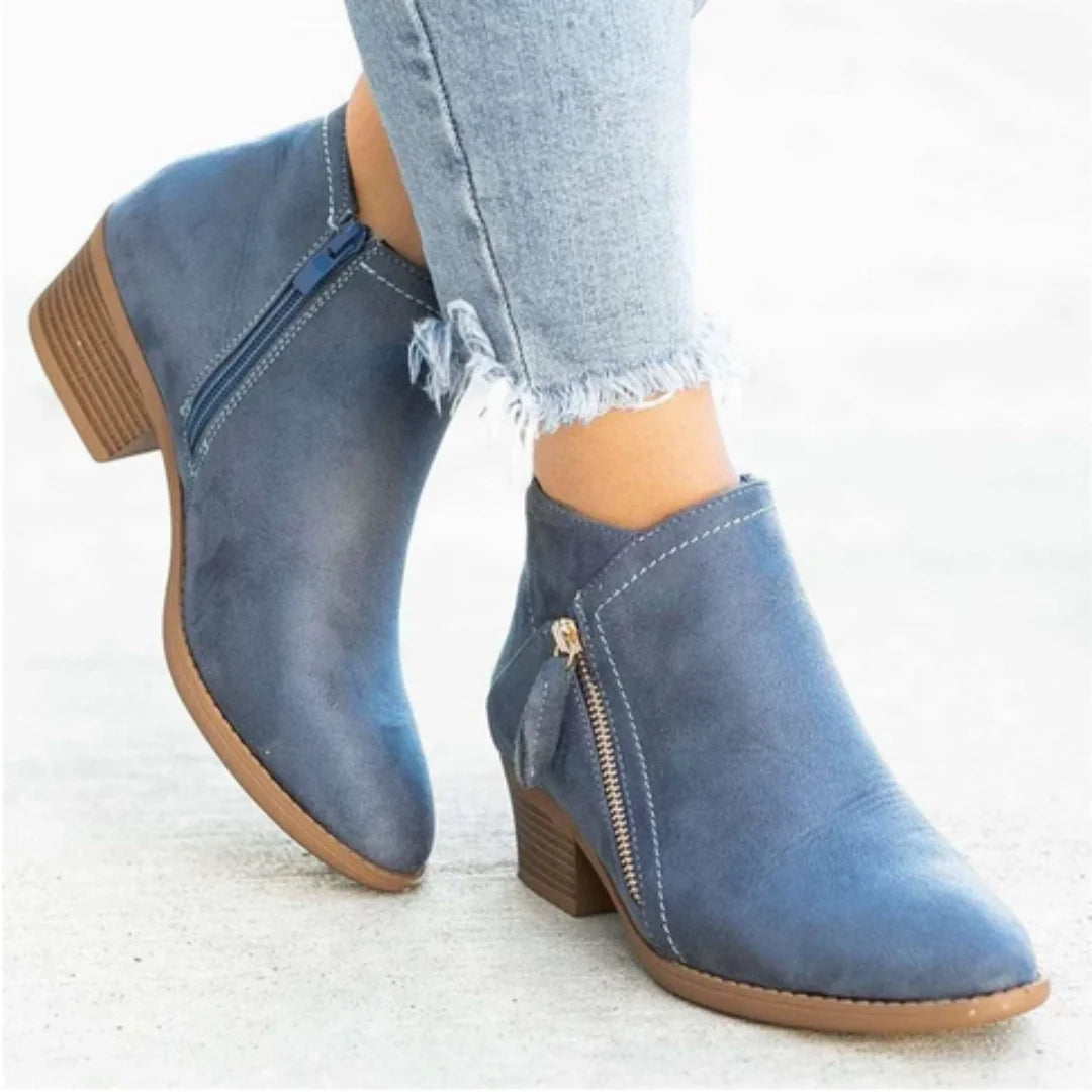 Gray Women's Pointed Toe Ankle Boots — Mia Suede Zip-Up Block Heel - Side Profile Worn