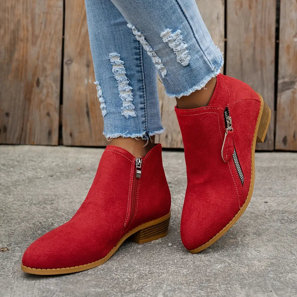 Red Women's Pointed Toe Ankle Boots — Mia Suede Zip-Up Block Heel - Close Up Side